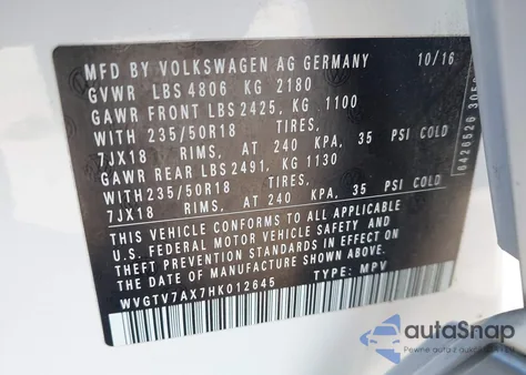 2017 Volkswagen Tiguan 2.0T Sport from USA, damaged, VIN WVGTV7AX7HK012645